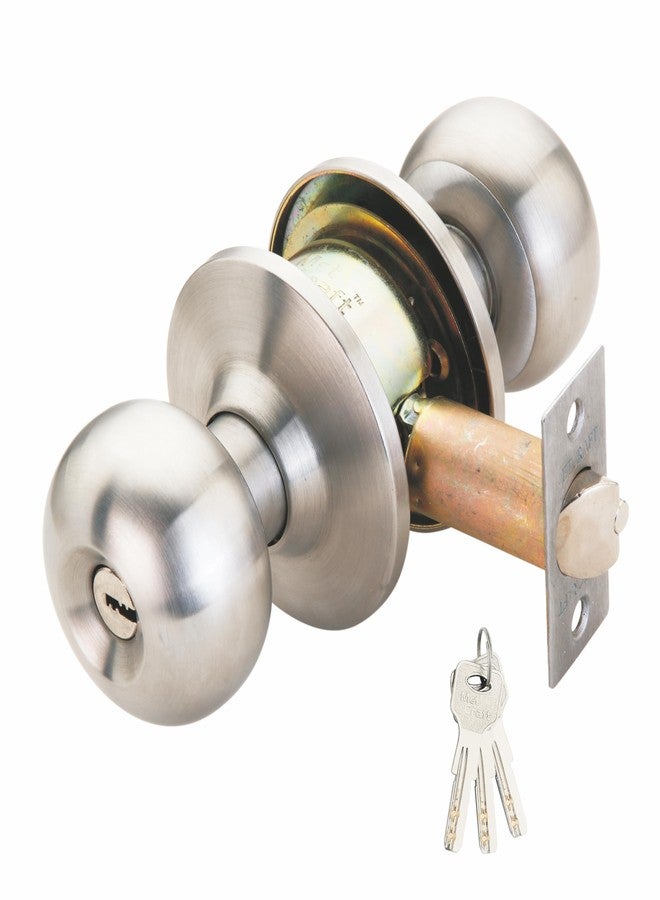 Met Craft SS304 Room Door Knob Lock - with 3 Brass Computerised Key Cylindrical Lock for Bedroom/Main Door/Tubular Door Knob/Handle (Silver Matt, 70 mm Backset) - Image 1